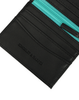 Black leather wallet with teal zipper lining and embossed ’kingsley & parzer’ branding.
