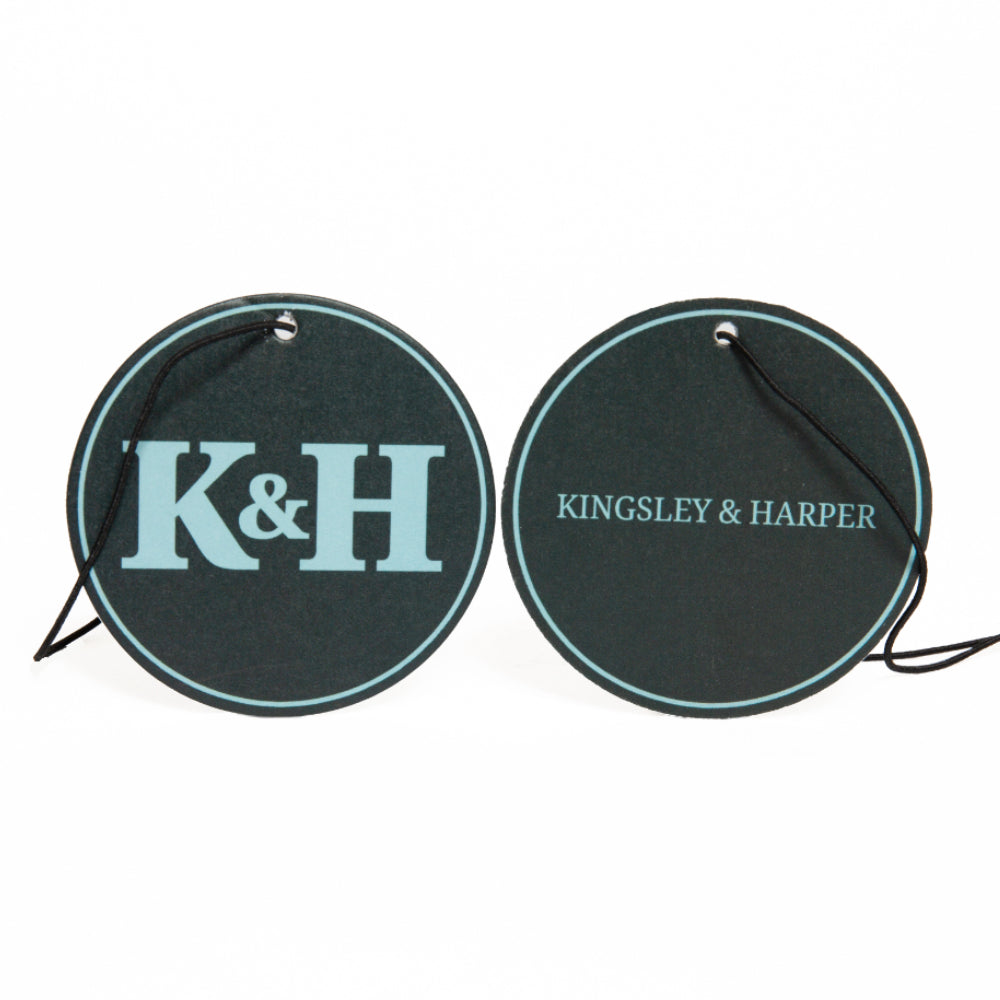 Two circular black bags with 'K&H' and 'Kingsley & Harper' text on a white background