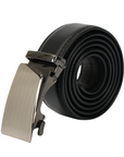 Black leather belt with a sleek, brushed silver automatic buckle.