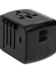 Black plastic Globetrotter Travel Set adapter with international plugs and USB ports