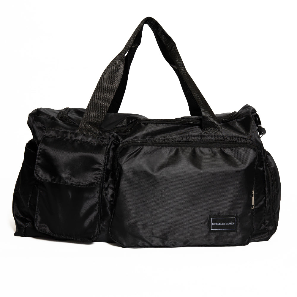 Black Kingsley and Harper duffel bag with a visible brand label on a white background