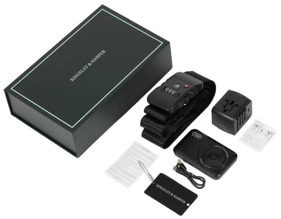 Black Kingsley & Harper travel essentials kit for globetrotting men
