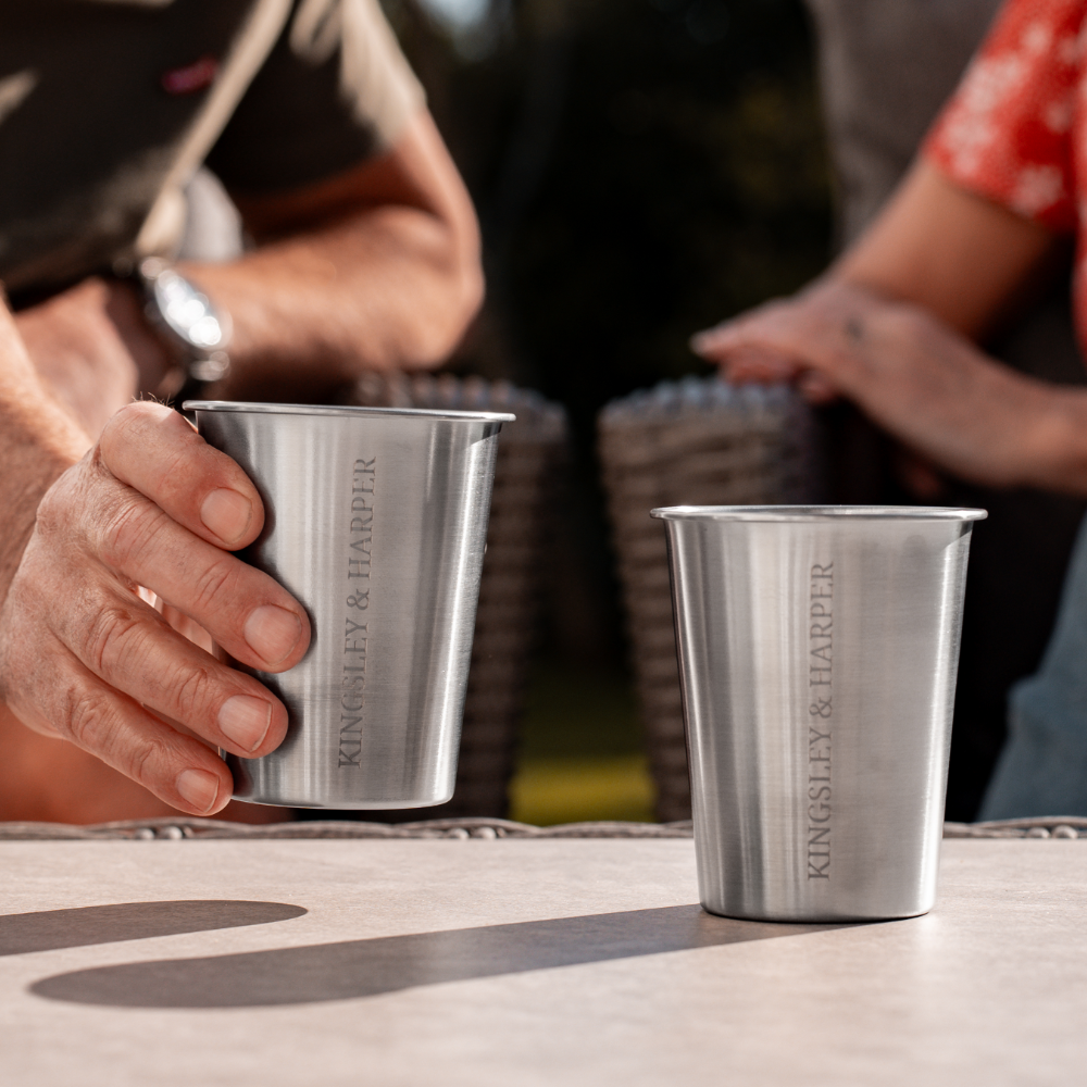 Engraved Kingsley & Harper stainless steel pint glasses