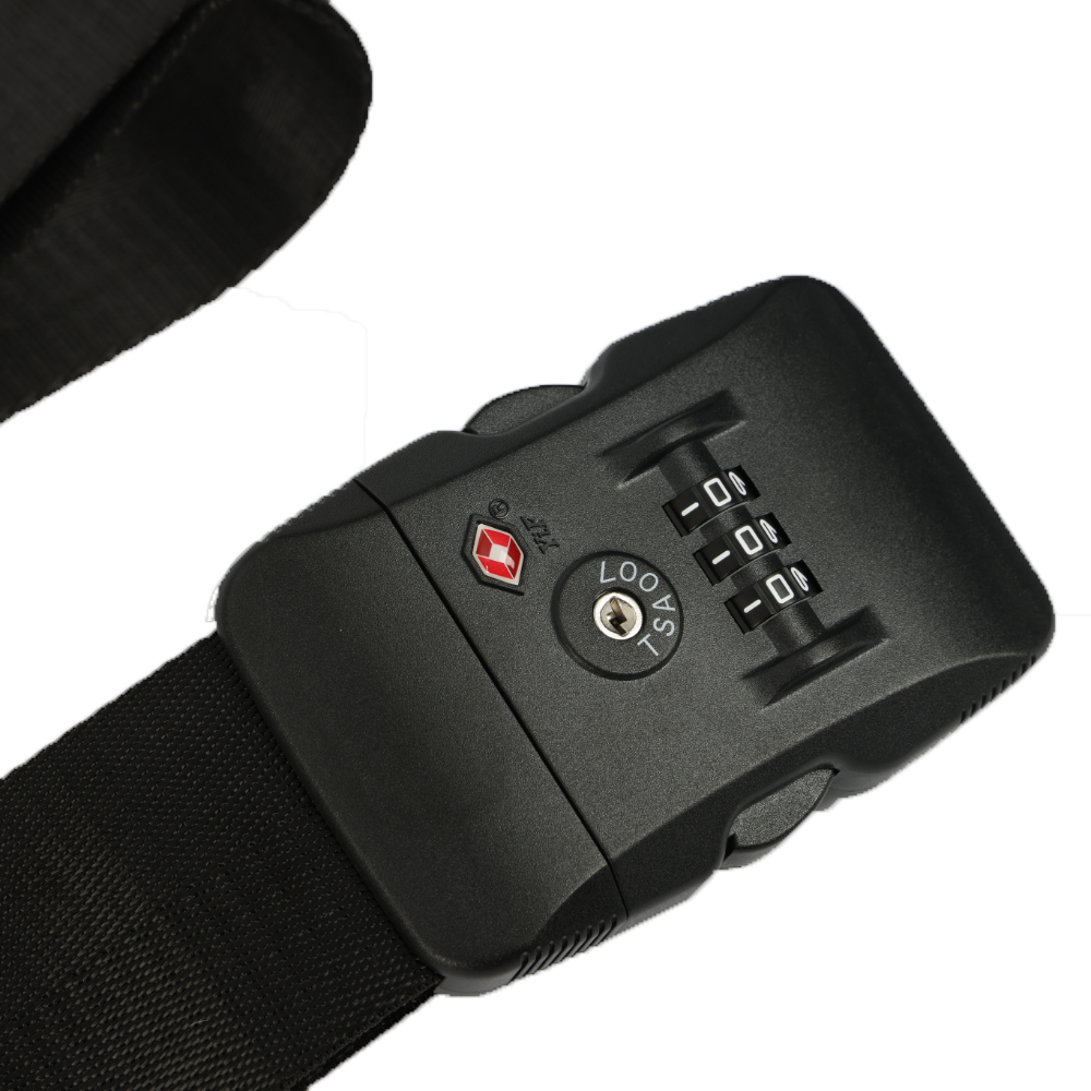 Black plastic combination lock with dials and keyhole on strap from Globetrotter Travel Set