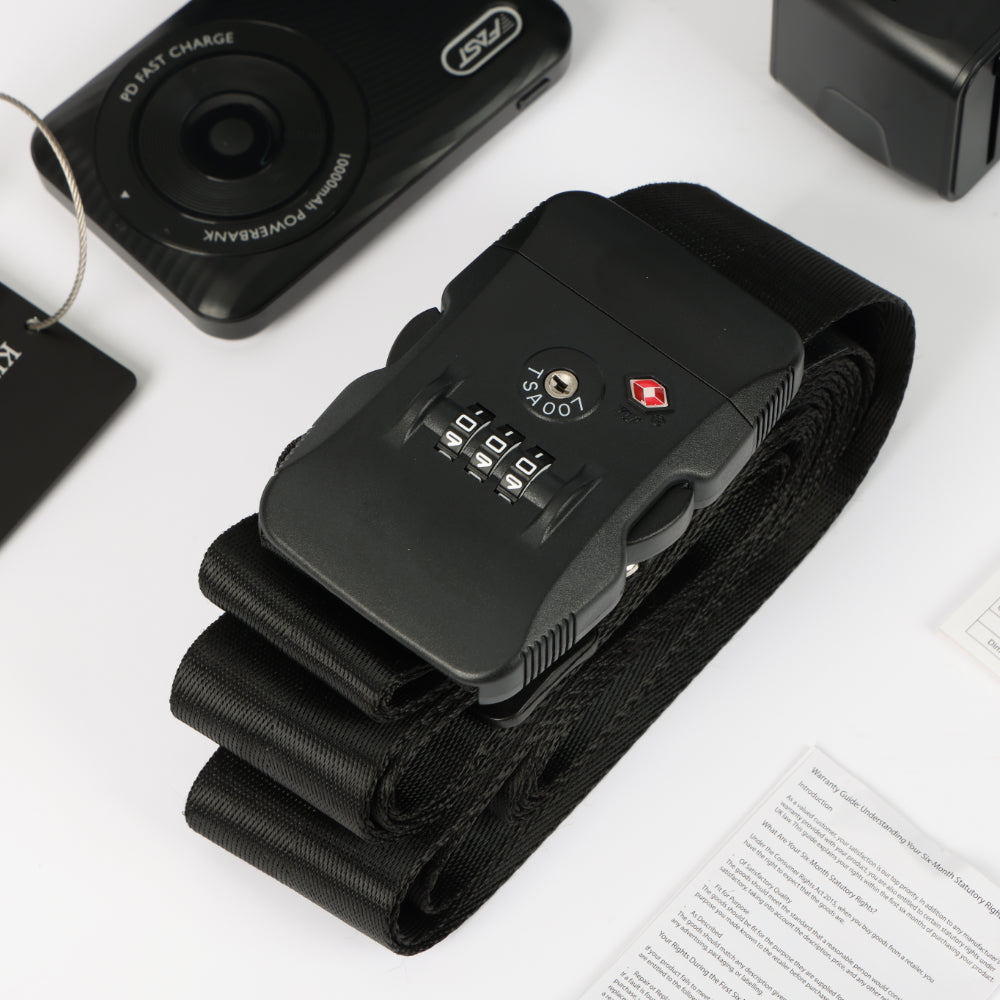 Black nylon luggage strap with 3-digit lock and baggage tag in Globetrotter Travel Set