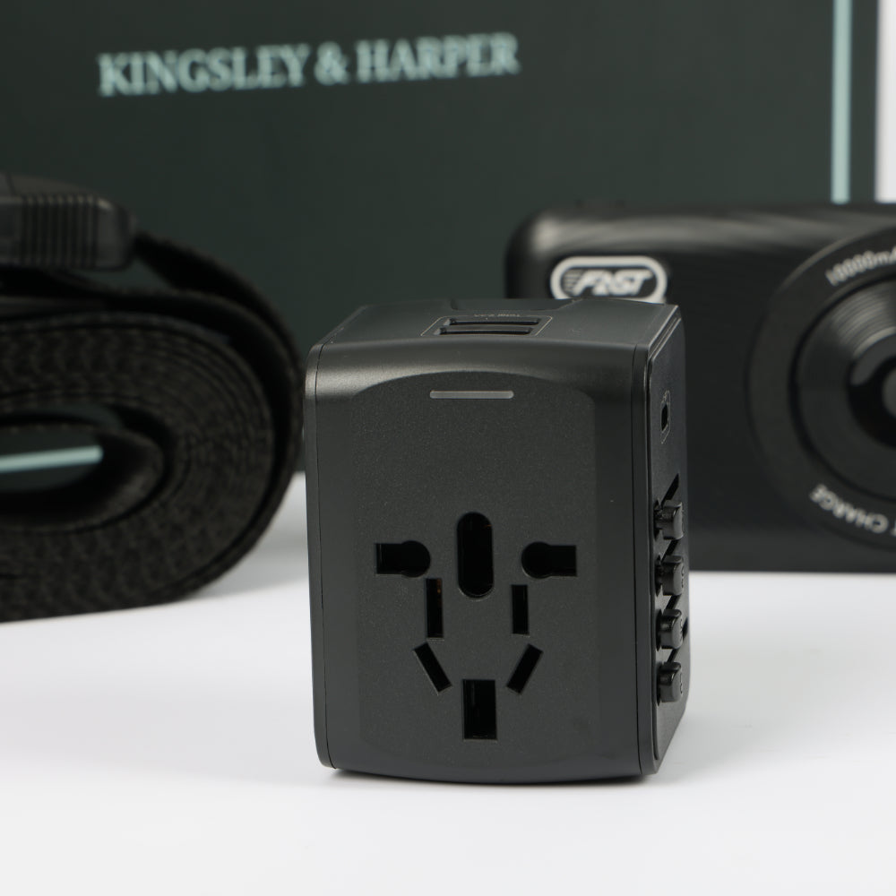 Black Kingsley &amp; Harper universal travel adapter with USB ports in Globetrotter Set