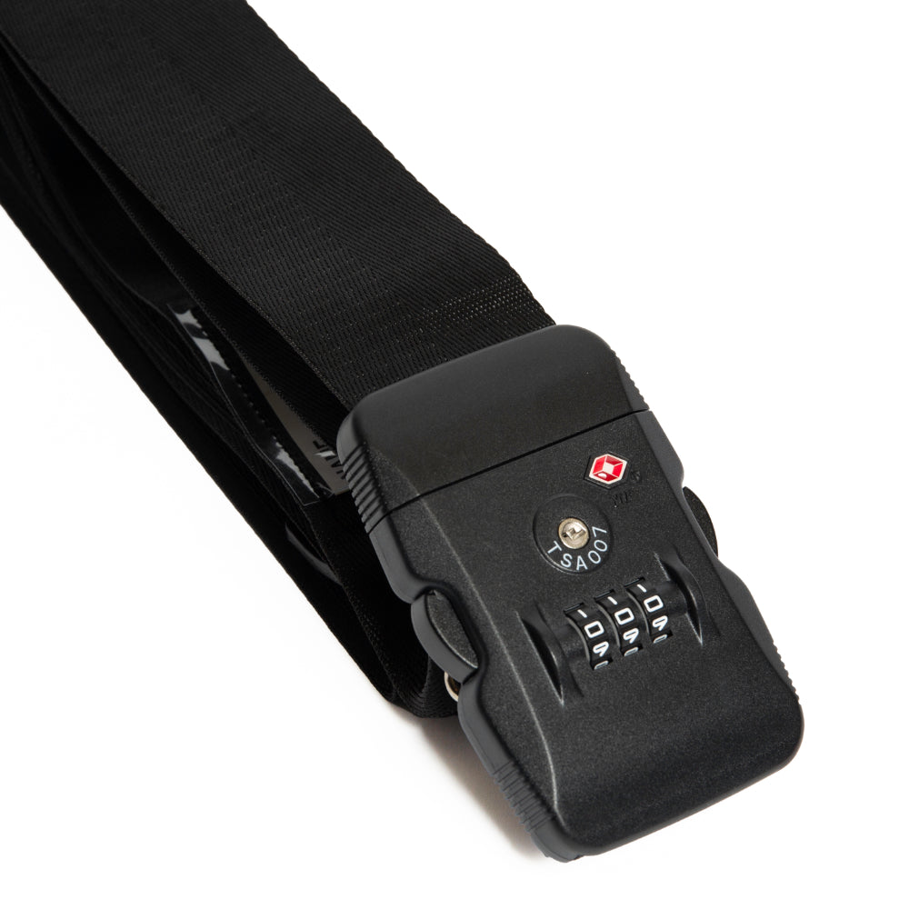 Black TSA-approved combo lock on strap in Globetrotter Travel Set