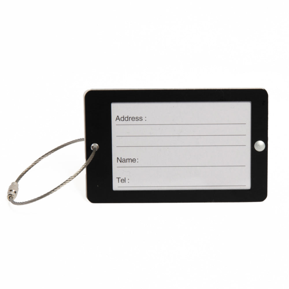 Black rectangular luggage tag with silver cable clasp from The Globetrotter Travel Set