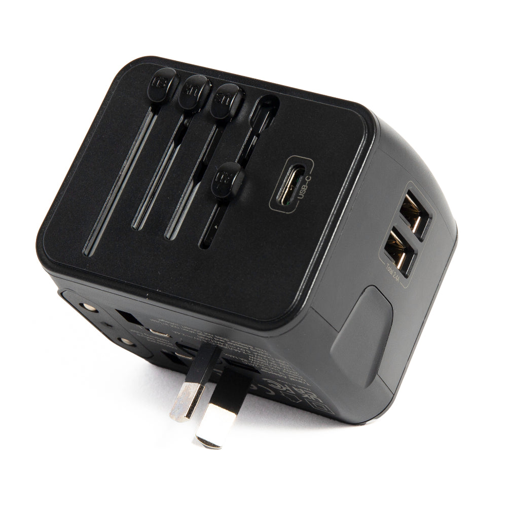 Black Globetrotter multi-country travel adapter with USB ports