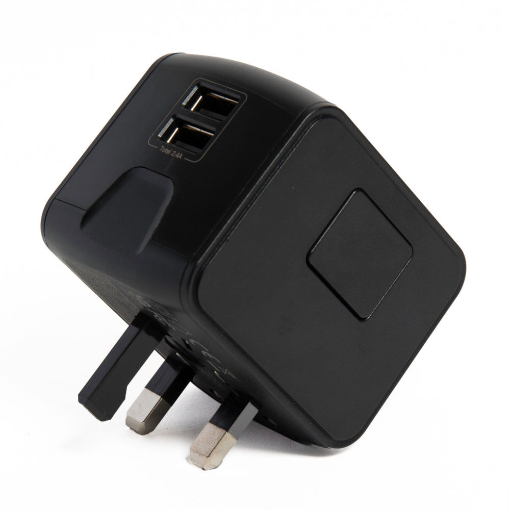 Black plastic Globetrotter Travel Set adapter with 2 USB ports and UK plug
