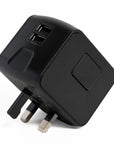Black plastic Globetrotter Travel Set adapter with 2 USB ports and UK plug
