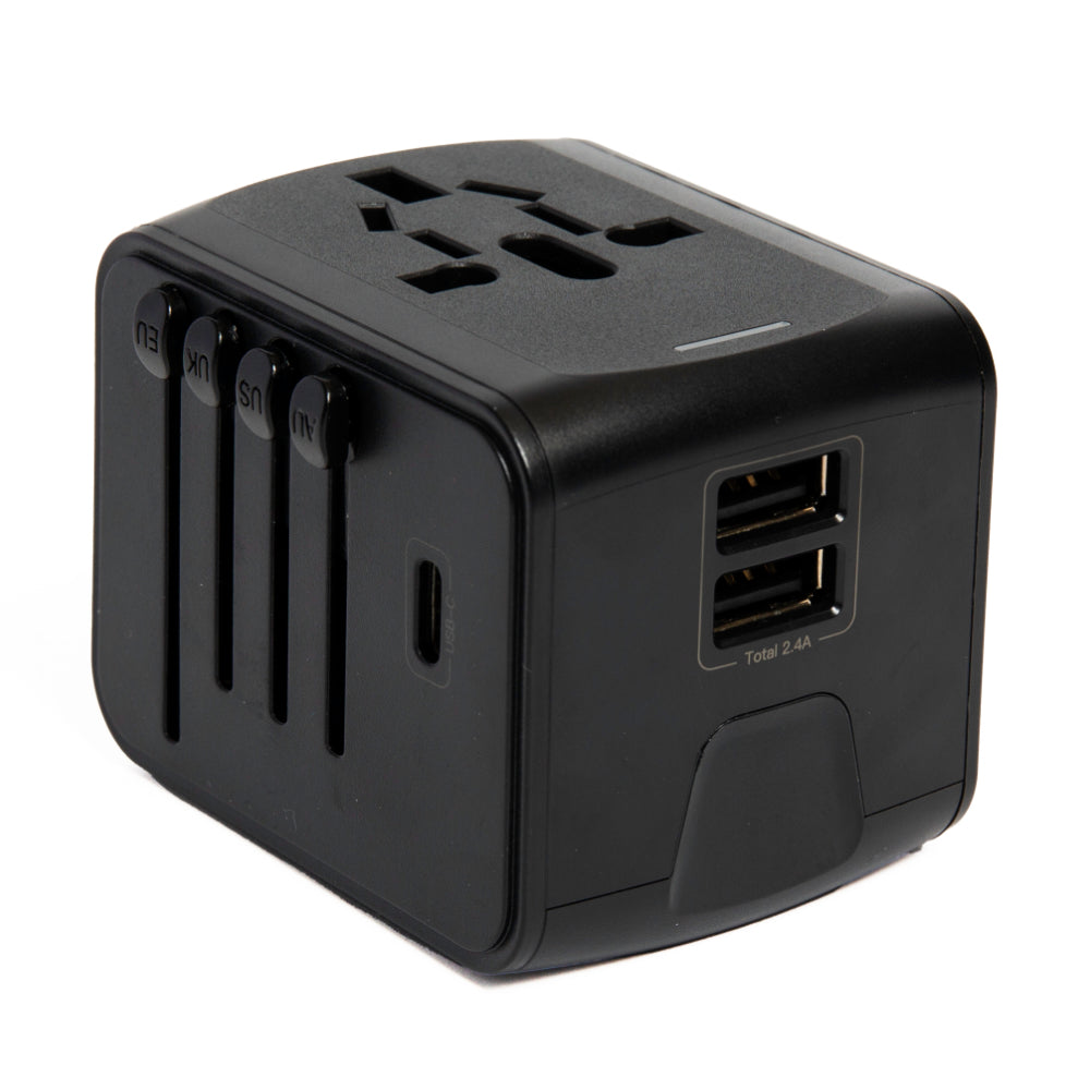 Black plastic Globetrotter Travel Set adapter with international plugs and USB ports